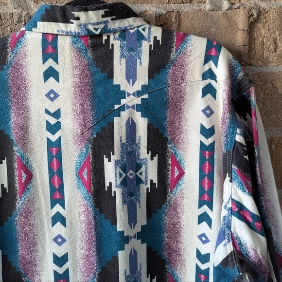 VTG 80s Wrangler Chamois Southwestern Aztec Tribal Long Sleeve Snap Shirt 19x36 - Picture 7 of 9